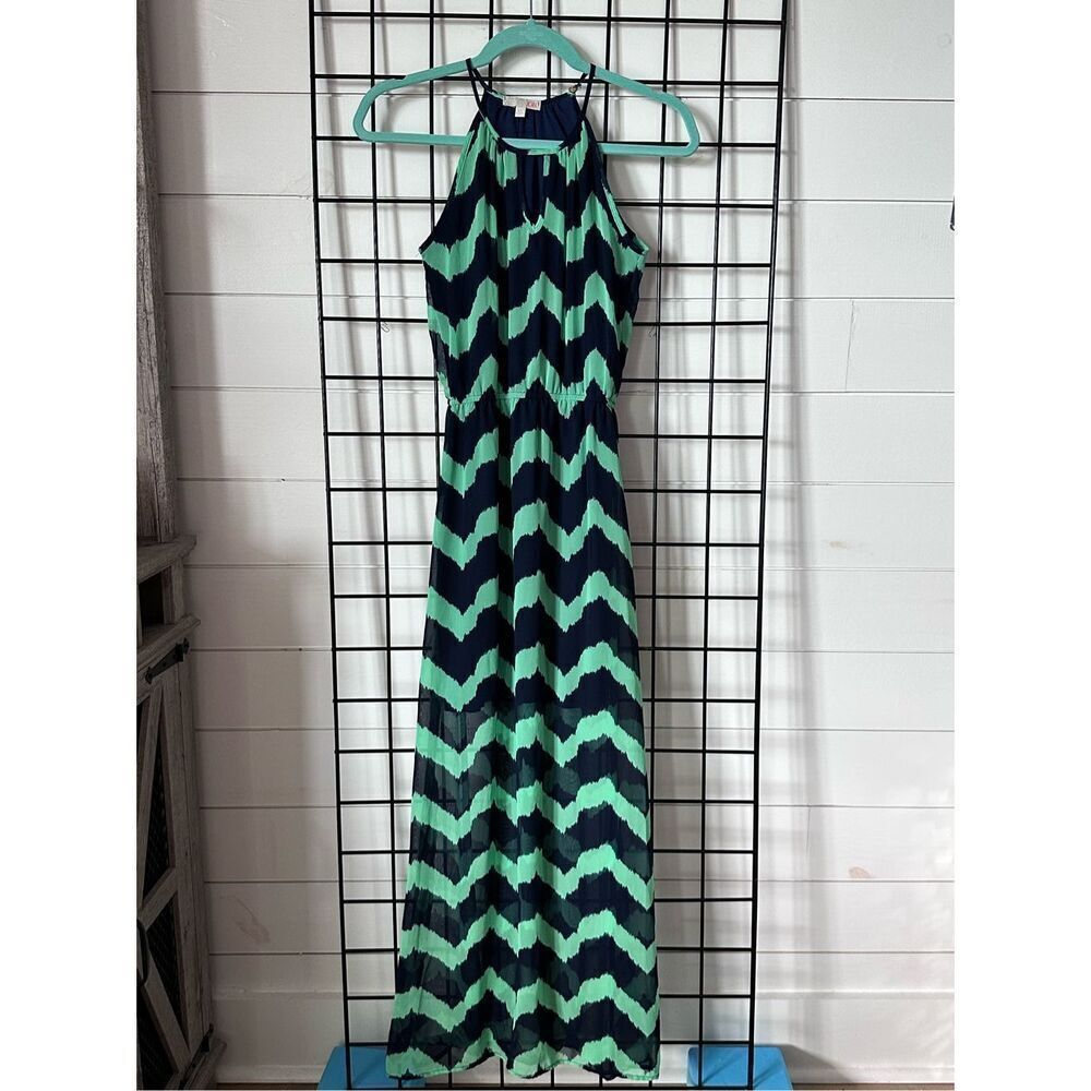 Gianni Bini GB Halter Maxi Dress Womens XS Green Blue Lined Chevron